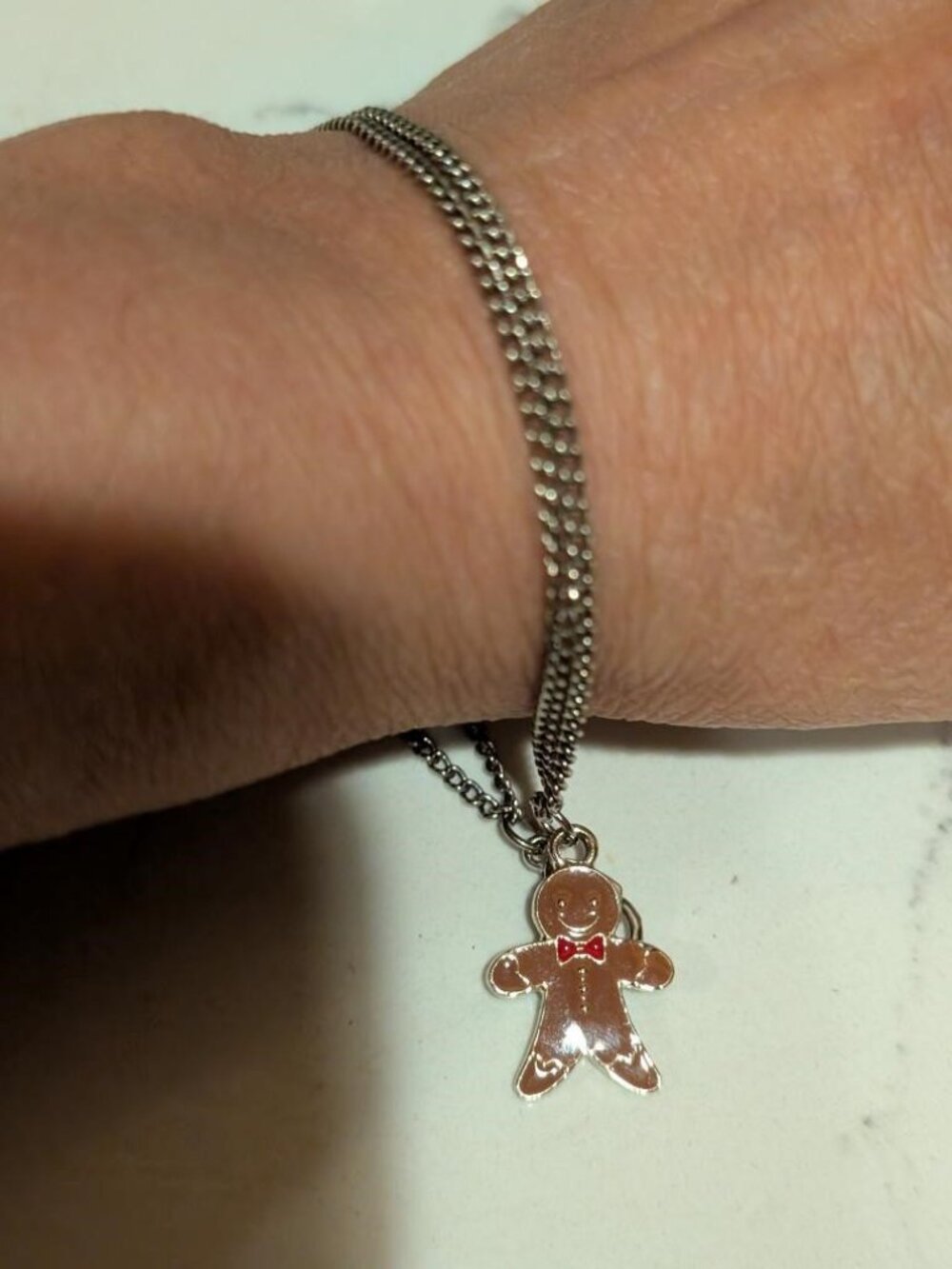 Christmas Vtg Silver Tone Double Chain Bracelet with Enamel Gingerbread Charm